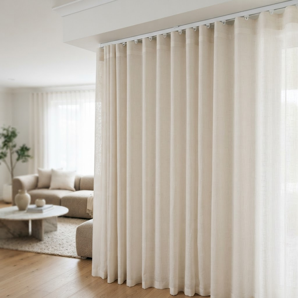 Cortinas de ondas perfectas en tela de lino marfil