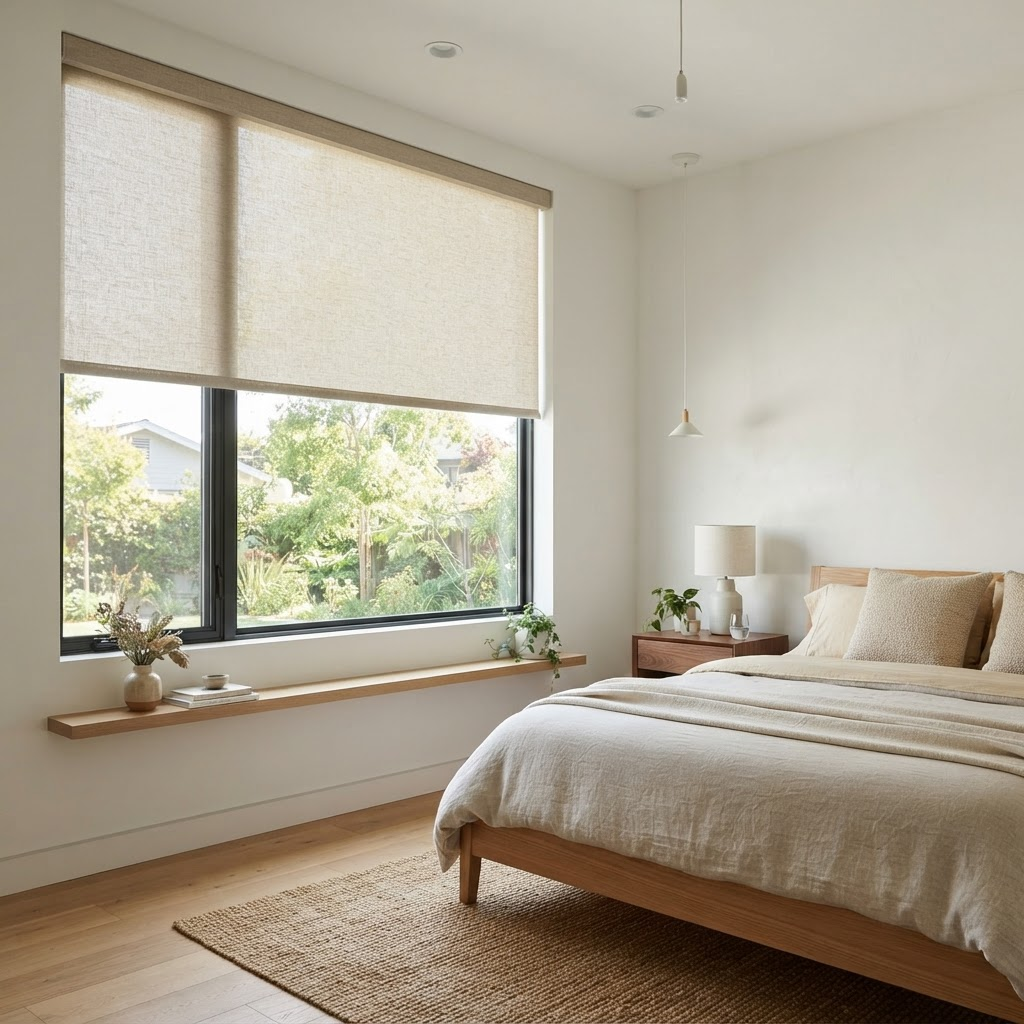 Cortina roller beige en dormitorio minimalista